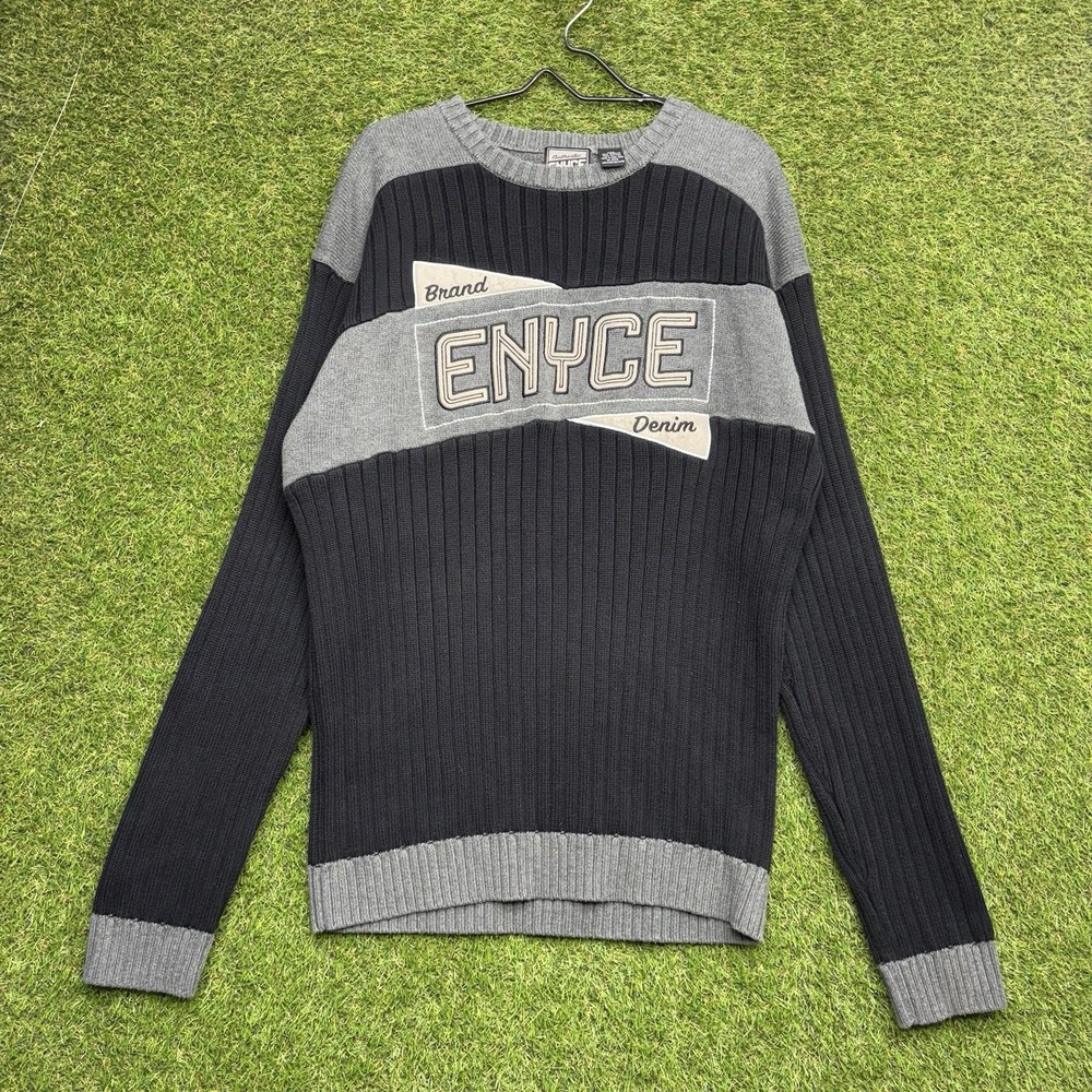 Vintage Enyce Denim Knit Sweater Mens 2XL Black Gray Streetwear Hip Hop Slim Fit
